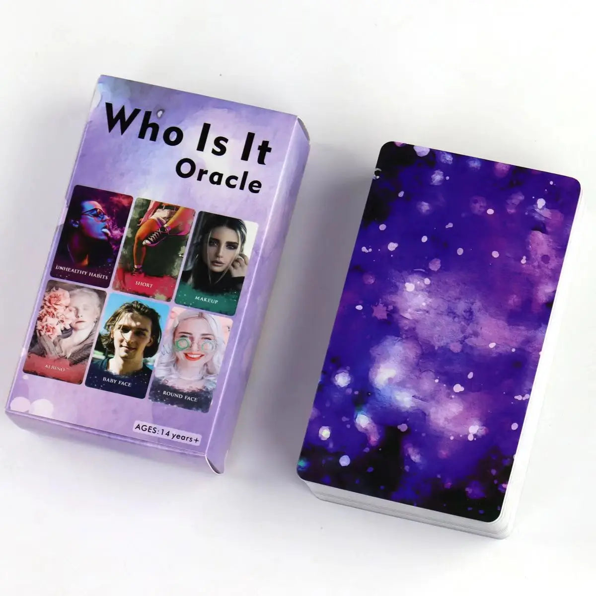 A purple box of the Who Is It Oracle deck with various card images and text.