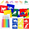 A set of dinosaur painting stencils and washable markers for kids, featuring various dinosaur shapes in bright colors.