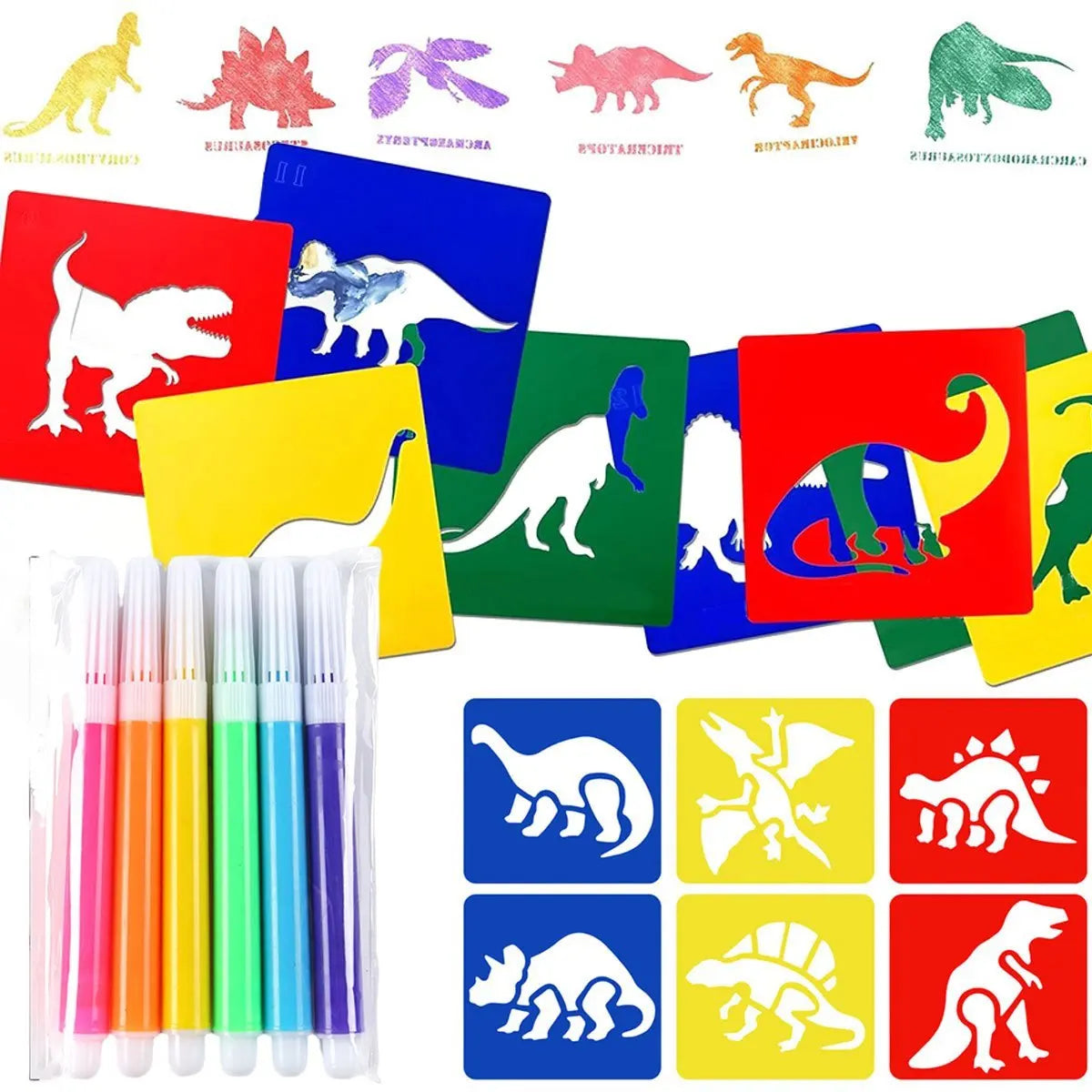 A set of dinosaur painting stencils and washable markers for kids, featuring various dinosaur shapes in bright colors.
