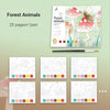 A set of watercolor painting pages featuring forest animals and fairy tale designs for children.