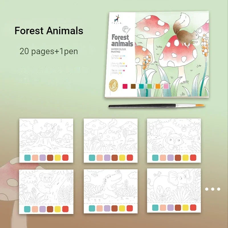A set of watercolor painting pages featuring forest animals and fairy tale designs for children.