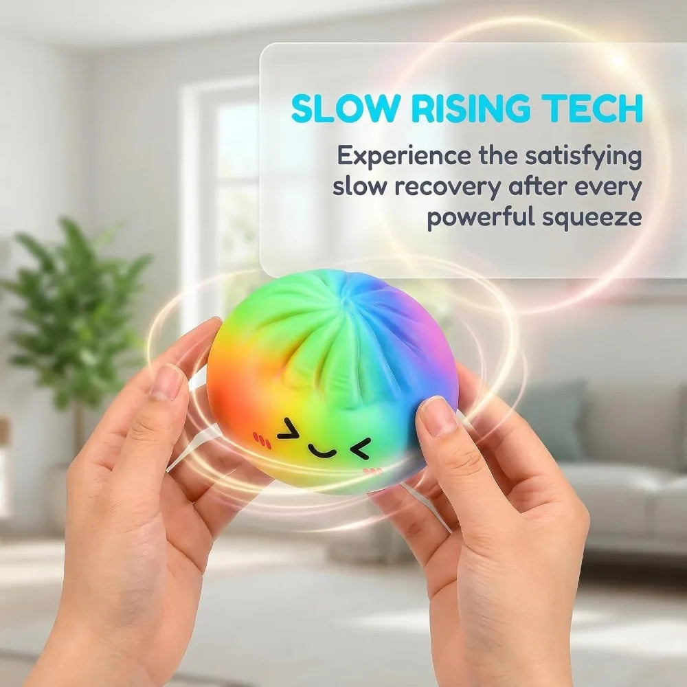 Hands squeeze a colorful rainbow dumpling squishy stress relief toy with glowing effects.