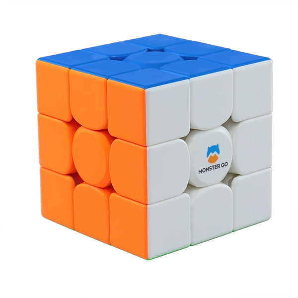 A cube puzzle made of magnetic pieces in blue, orange, and white.