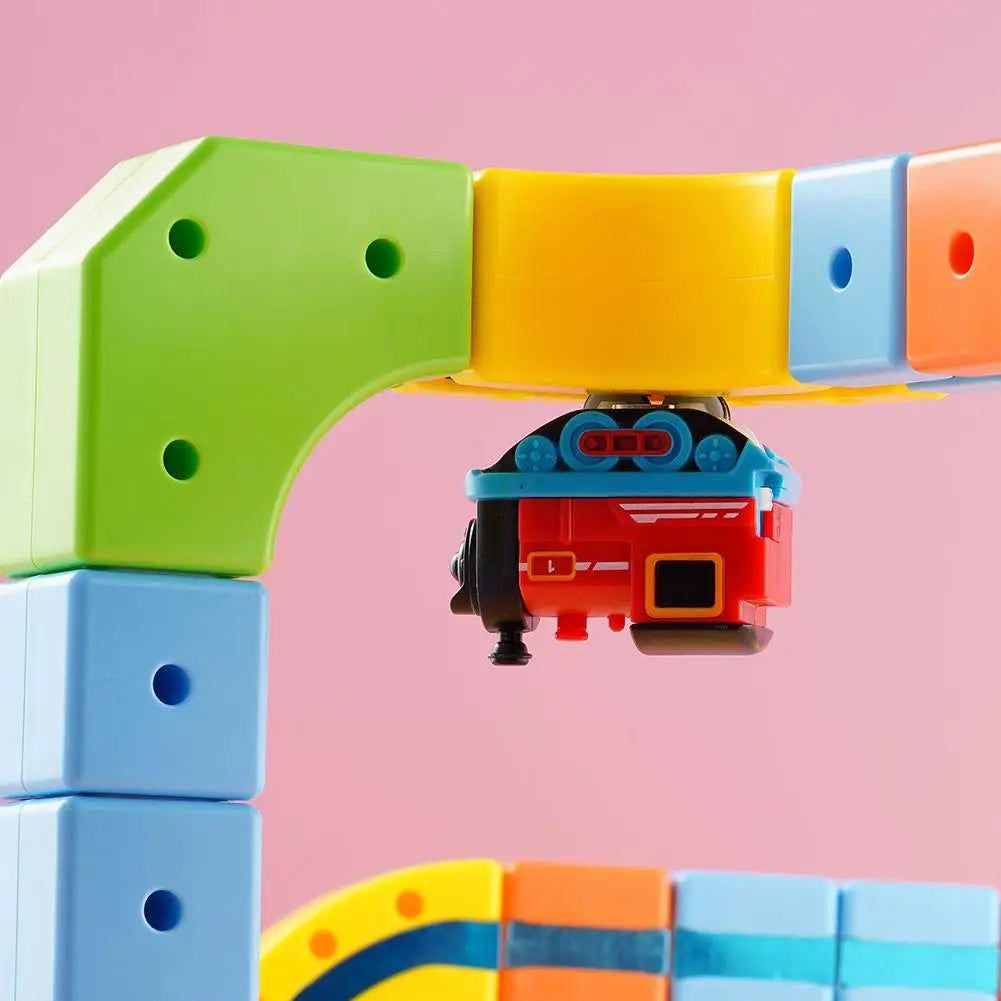 A colorful magnetic train engine built from interlocking plastic pieces.