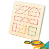 A wooden geometric shape peg board with various pattern cards and small metal pegs.