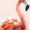 Watercolor painting of a flamingo head and neck in shades of pink and orange against a light background.