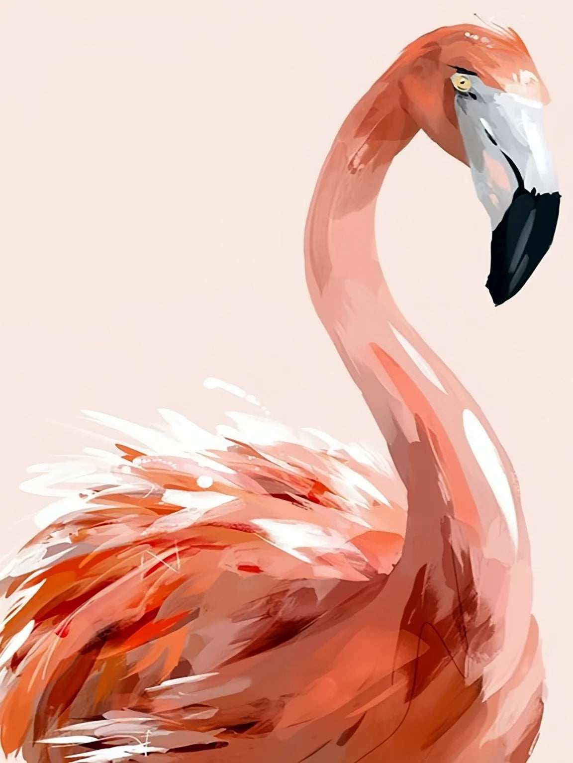 Watercolor painting of a flamingo head and neck in shades of pink and orange against a light background.
