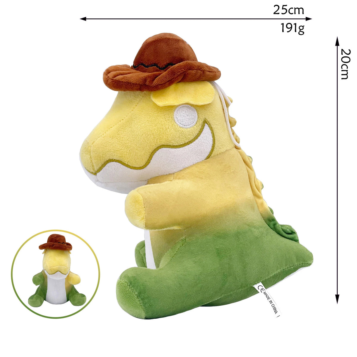 A yellow and green plush toy resembling a character from The Amazing Digital Circus, featuring a brown hat.