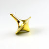 A small, golden metal fidget spinner with a smooth, tapered design resting on a white surface.