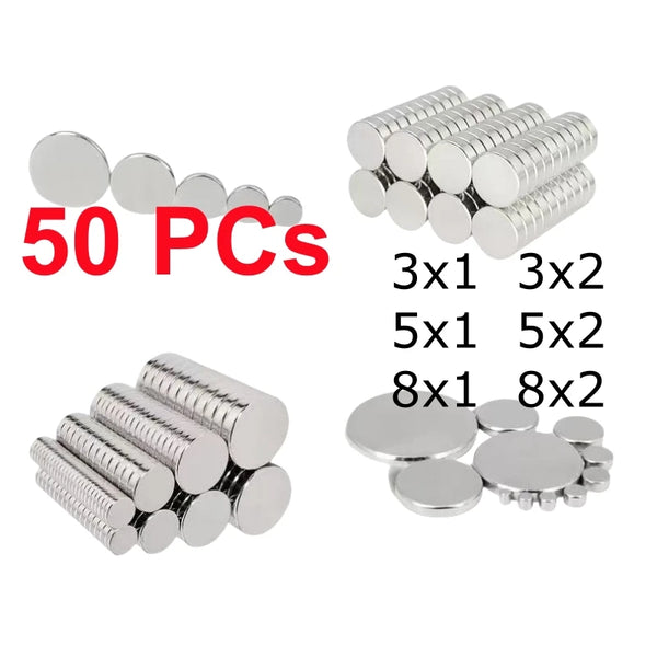A set of 50 silver metallic fridge magnets in various sizes and shapes for DIY and crafts