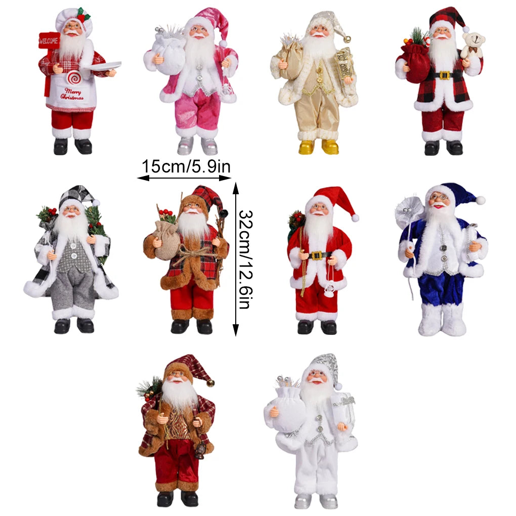 A collection of various Christmas Santa Claus figurines in different outfits and sizes for holiday decor.