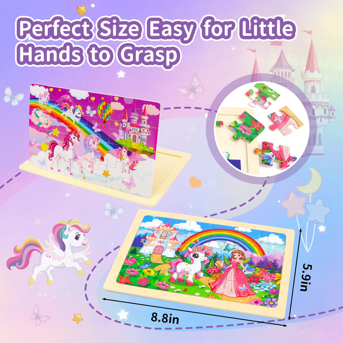 A set of four wooden jigsaw puzzles featuring unicorn and princess characters for little hands to grasp.