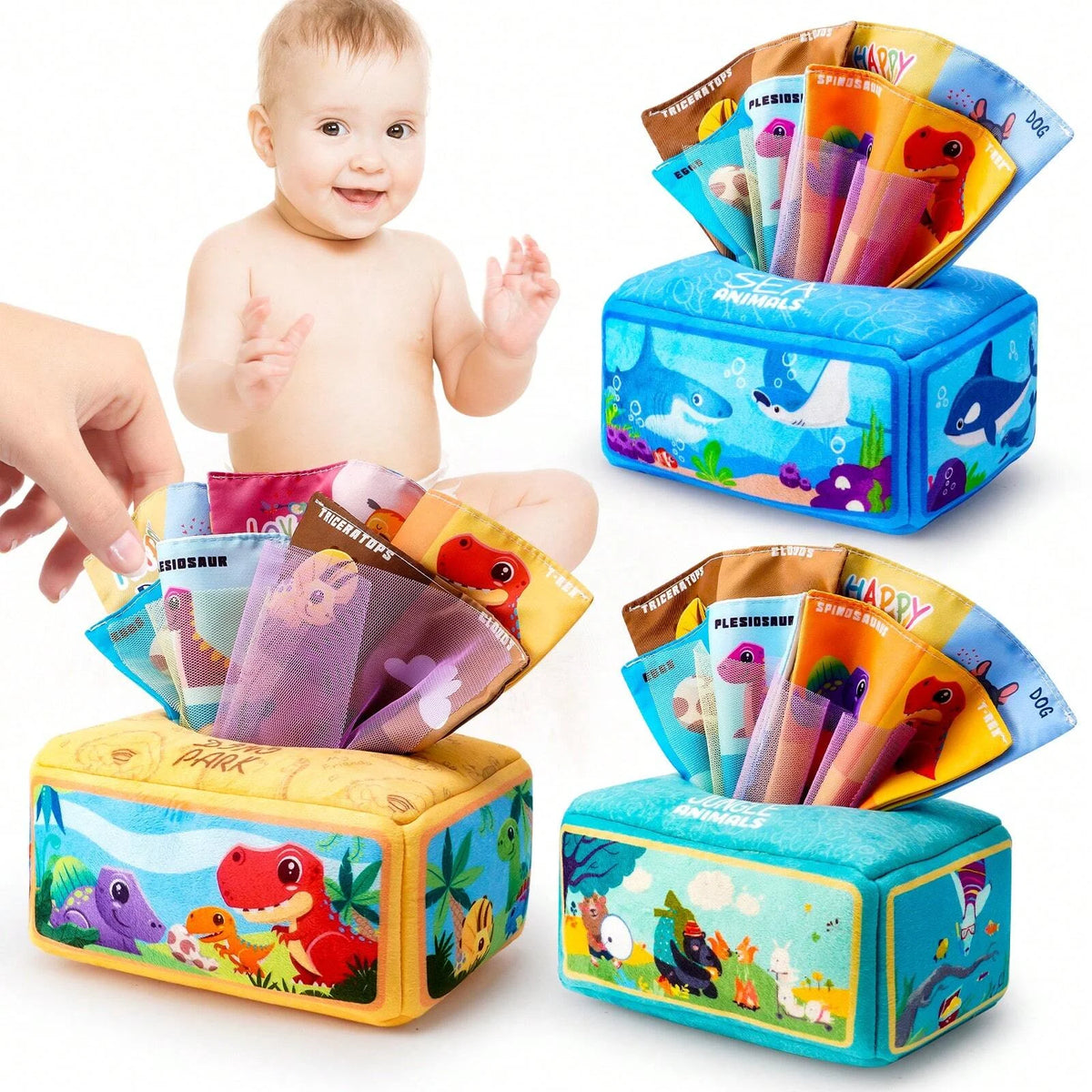 A set of colorful Montessori soft tissue boxes featuring animal figures for babies