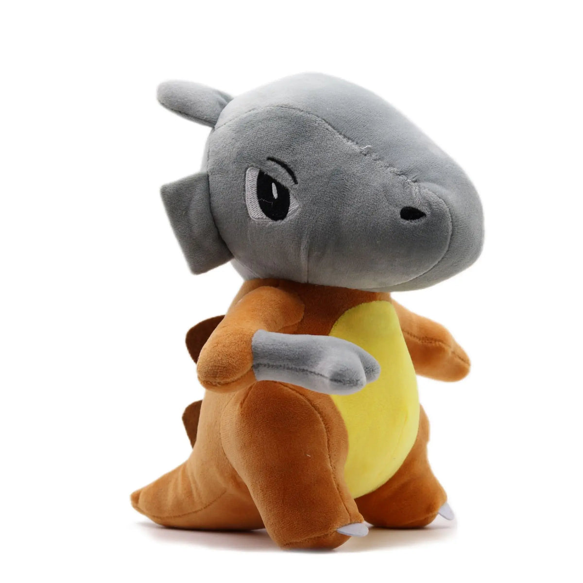 A gray and orange plush doll resembling a stylized animal character sitting down.