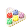 A set of five colored gonggi stones for a traditional Korean game, featuring various shapes and colors.