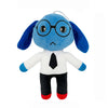 A blue plush toy resembling a doctor with large blue ears, wearing black glasses and a white coat.