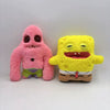 A set of plush toys featuring characters resembling SpongeBob and Patrick Star, one pink and one yellow.