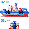 Side view of a red and blue electric marine rescue boat toy with a tall mast and rescue equipment.