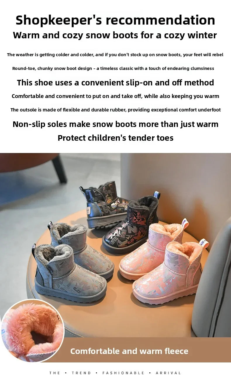 A collection of pink and gray girls' winter snow boots with fuzzy fleece lining displayed on a wooden surface.