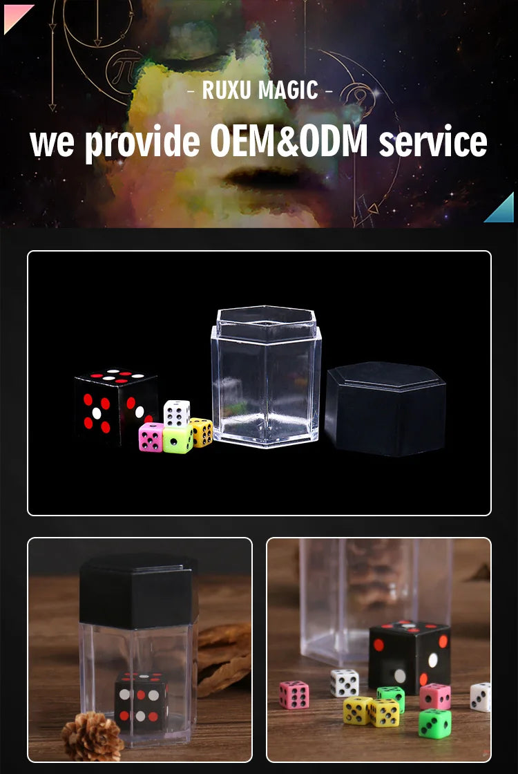 A collection of colored dice and a black cube are displayed on a wooden surface.