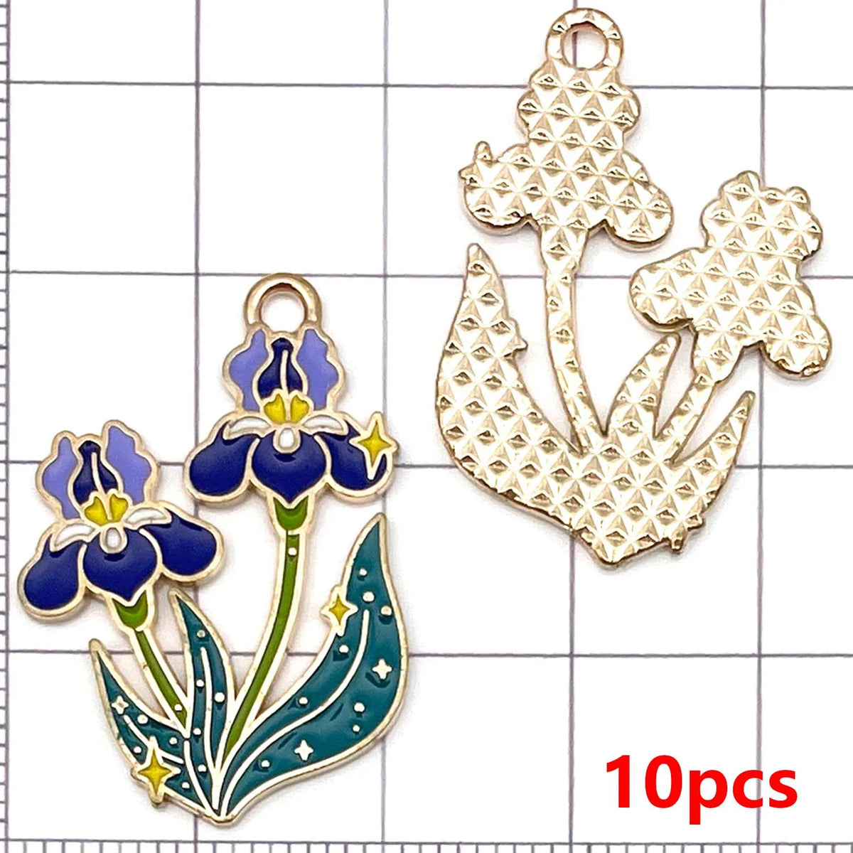 Ten gold-toned enamel flower charms featuring blue and yellow details on a white grid background.