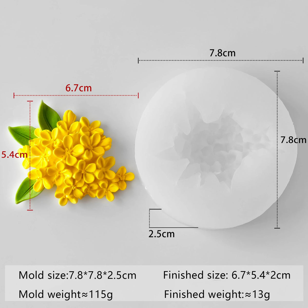 A yellow multi-flower silicone mold with finished dimensions and weight specifications.