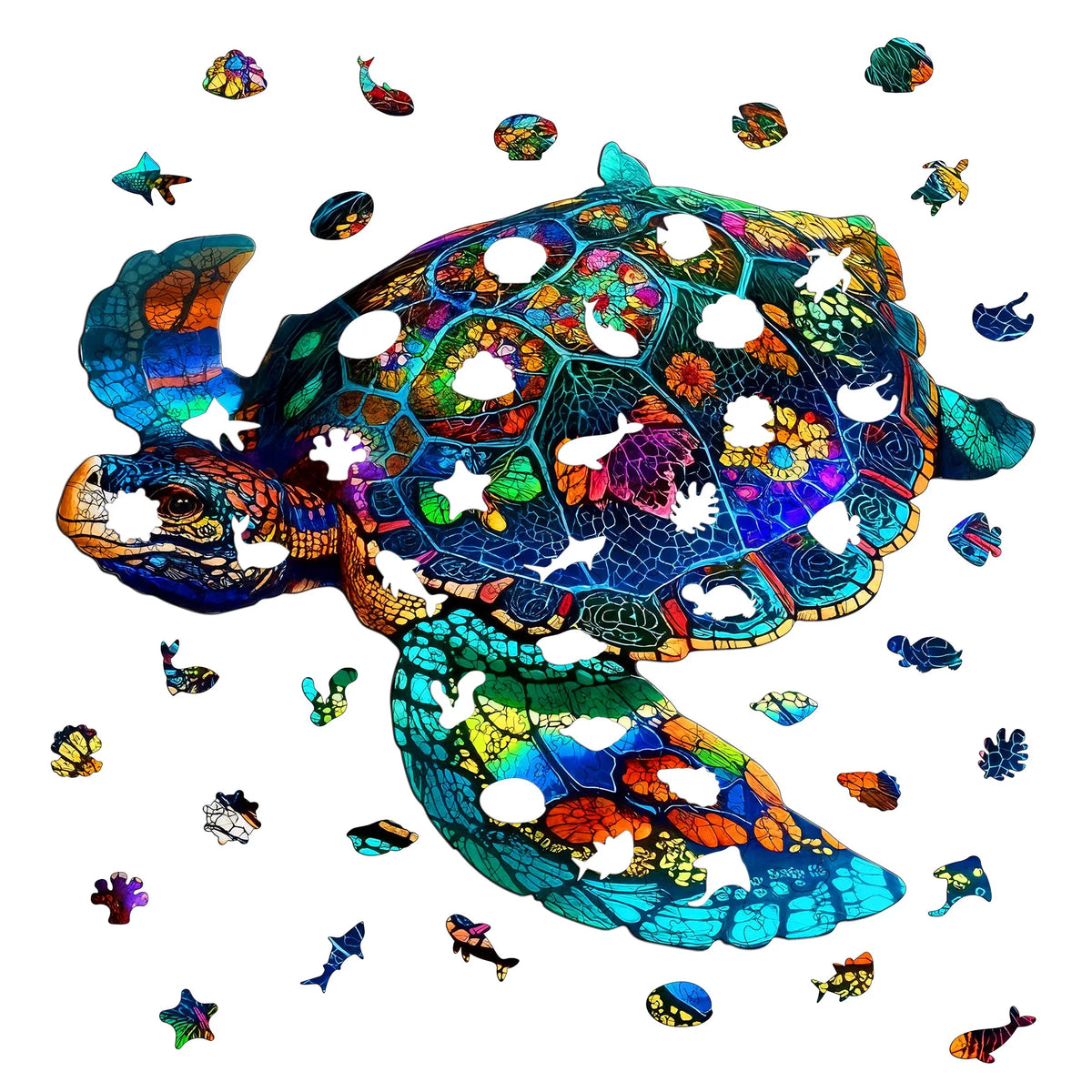 A colorful elephant jigsaw puzzle featuring vibrant blues, greens, and purples.