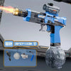 A blue electric water gun with a large tank and a firing mechanism is shown against a gray background.