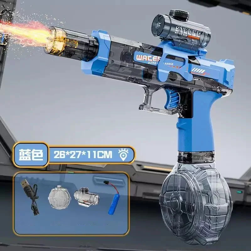 A blue electric water gun with a large tank and a firing mechanism is shown against a gray background.