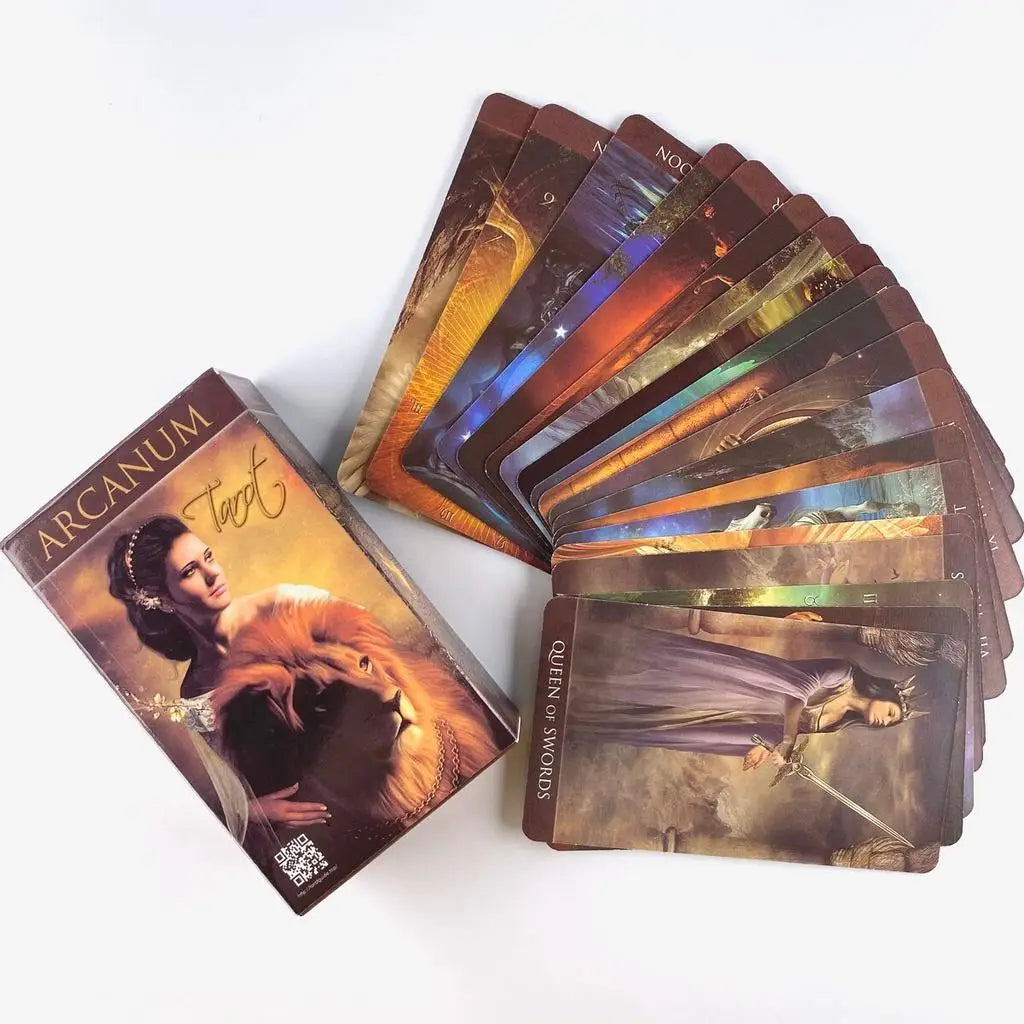 A deck of Arcanum Tarot cards showing various mystical scenes and imagery.