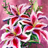 Vibrant painting of a bouquet of pink and white lilies on a purple background.