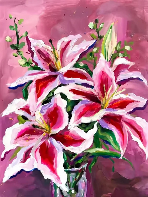Vibrant painting of a bouquet of pink and white lilies on a purple background.