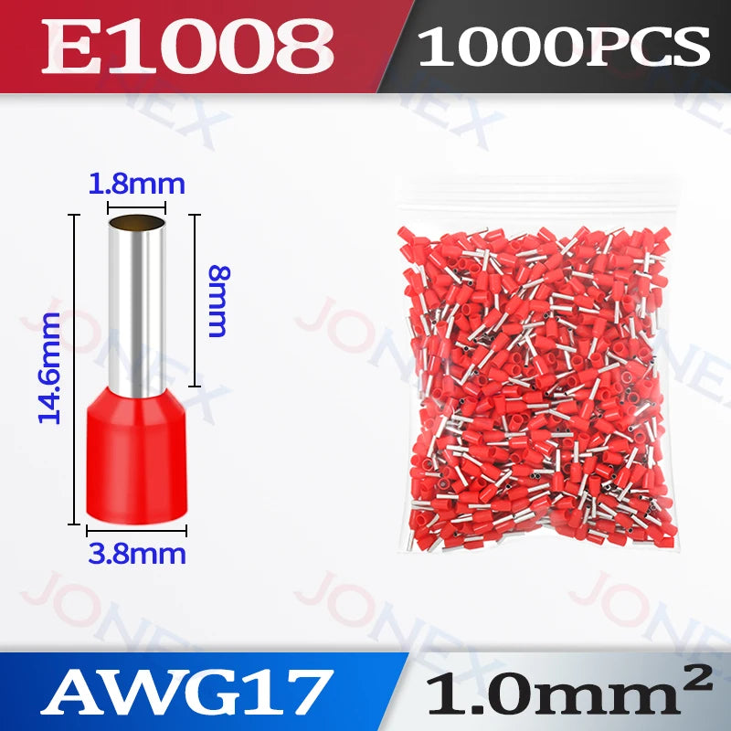 A package of 1000 pieces of AWG17 insulated tubular crimp terminals in red.