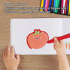 Hands draw a strawberry on paper using a red crayon, demonstrating painting exercises for finger flexibility.