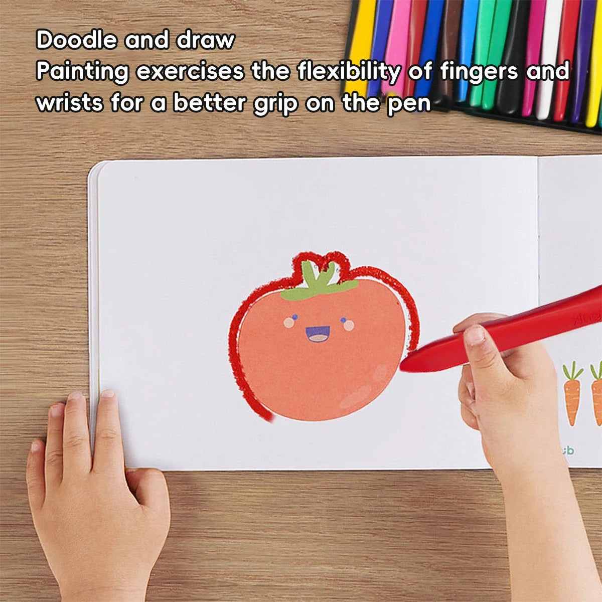 Hands draw a strawberry on paper using a red crayon, demonstrating painting exercises for finger flexibility.