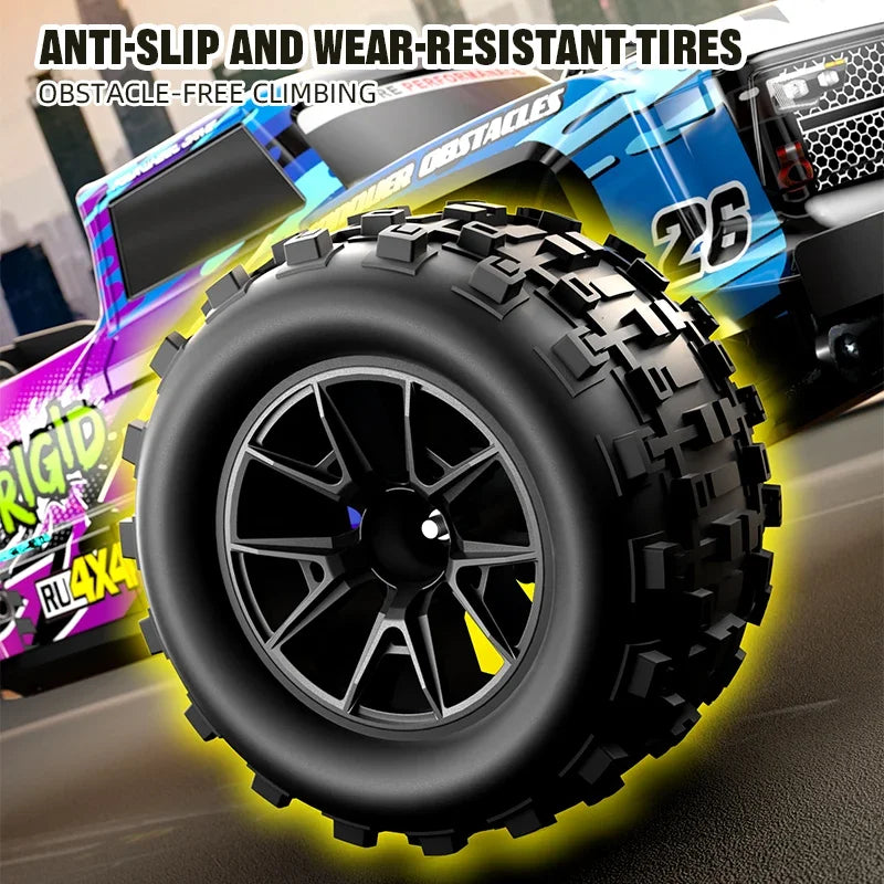 Close-up of an anti-slip and wear-resistant tire mounted on a blue and purple RC monster truck.