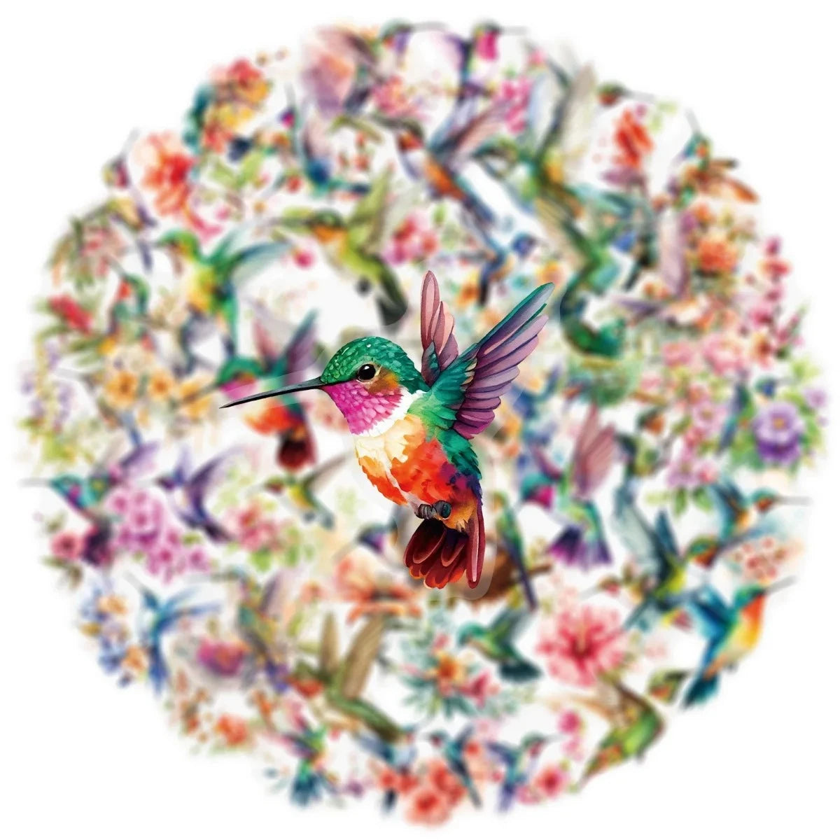 A vibrant hummingbird surrounded by a circular arrangement of colorful flowers.
