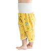 Yellow waterproof baby diaper pants with a skirt featuring colorful animal patterns