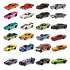A collection of various toy vehicles in different colors and models arranged for a car advent calendar.