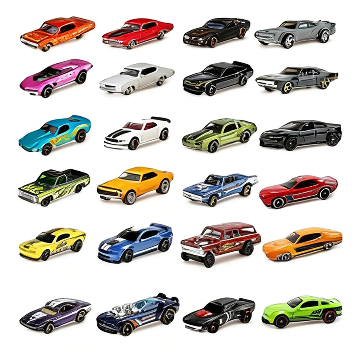 A collection of various toy vehicles in different colors and models arranged for a car advent calendar.