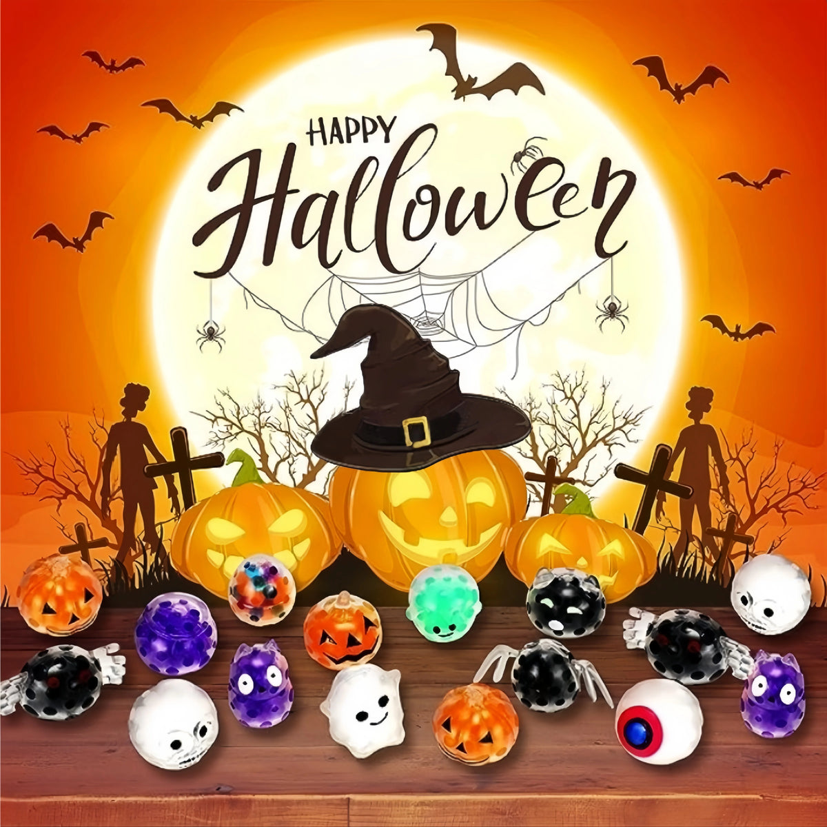 A set of five Halloween squeeze stress balls, including pumpkins and bats, displayed against a spooky background.