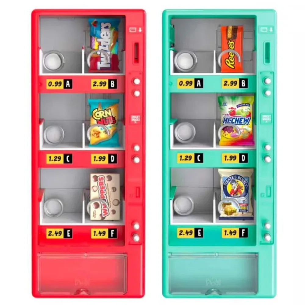 A red and teal mini vending machine toy with snack dispensers and surprise balls inside.
