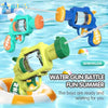 A collection of children's water guns and blasters in various colors ready for a summer water gun battle.