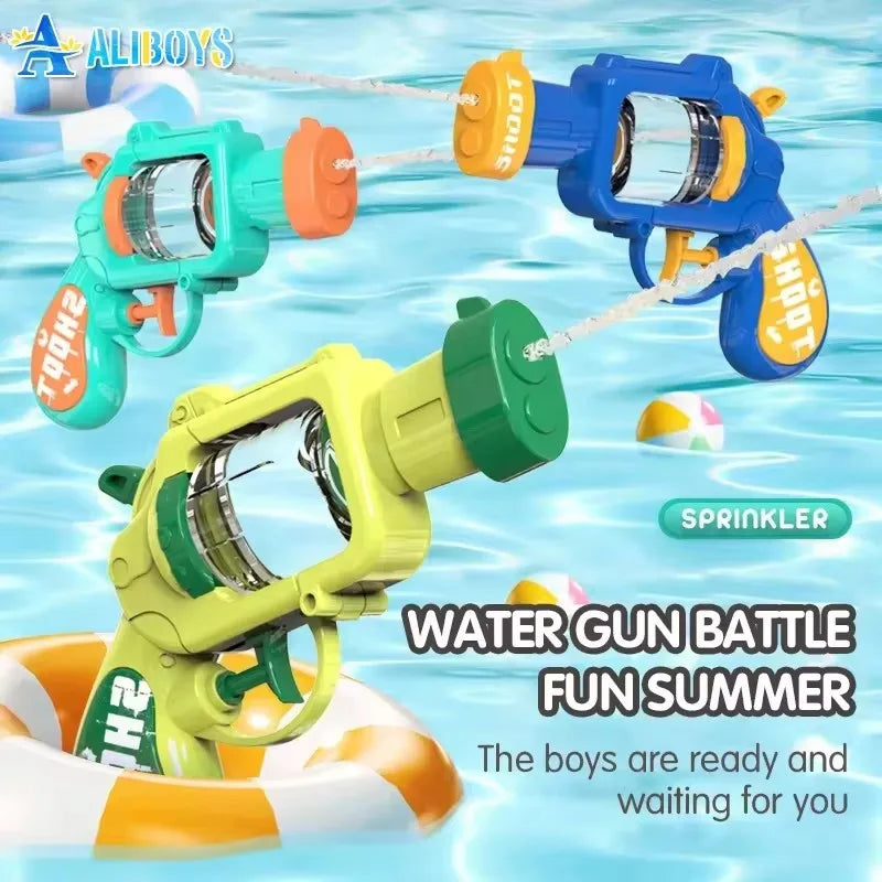 A collection of children's water guns and blasters in various colors ready for a summer water gun battle.