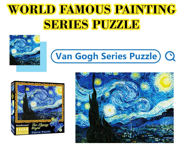 A box of the Van Gogh Starry Night 1000 pieces jigsaw puzzle featuring a night sky landscape.