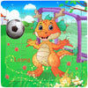 A jigsaw puzzle featuring a cartoon orange and yellow dinosaur character named Loong in a green outdoor setting.