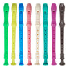 A row of eight colored 8-hole soprano recorders for kids and beginners in green, yellow, blue, pink, beige, teal, and magenta