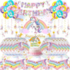 A colorful unicorn party supplies kit featuring a rainbow banner, cake, and decorative elements for a birthday celebration.