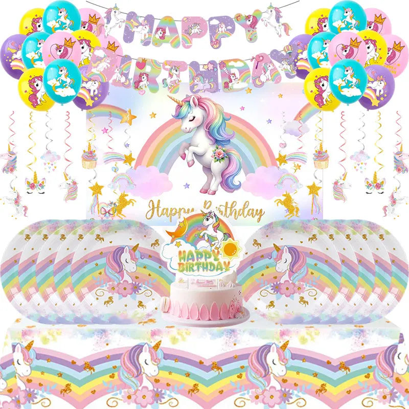 A colorful unicorn party supplies kit featuring a rainbow banner, cake, and decorative elements for a birthday celebration.