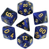 A set of blue polyhedral dice featuring a cosmic effect and gold numbering.